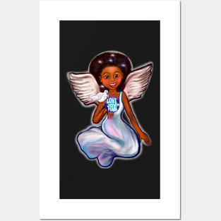 Angel with dove love joy and peace - Black angel of peace ! With glow, Afro hair, green eyes, Cherry pink lips and dark brown skin. Hair love ! Posters and Art